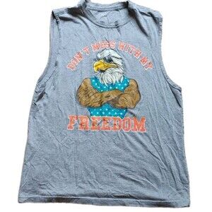 mens USA Patriotic Sleeveless Shirt Don't Mess With My Freedom M Gray Buff Eagle